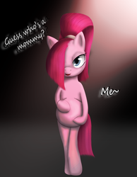 Size: 3000x3872 | Tagged: dead source, safe, artist:artsygum, artist:kurausuki, pinkie pie, earth pony, pony, g4, alternate hairstyle, bedroom eyes, bipedal, female, high ponytail, high res, looking at you, open mouth, pinkamena diane pie, ponytail, preggy pie, pregnant, smiling, solo