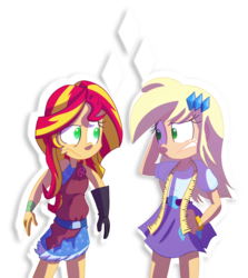 Size: 1076x1204 | Tagged: safe, artist:fj-c, applejack, sunset shimmer, equestria girls, g4, magical mystery cure, my little pony: friendship is magic, accessory swap, clothes swap, equestria girls interpretation, implied rarity, loose hair, scene interpretation, simple background, swapped cutie marks, transparent background