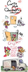Size: 559x1430 | Tagged: safe, artist:adequality, artist:spurkeht, color edit, edit, apple bloom, scootaloo, sweetie belle, trixie, pegasus, pony, unicorn, comic:cwotie mok quosardees adventures, g4, colored, comic, cutie mark crusaders, dark comedy, derp, female, filly, mare, rape van, rapeface, scooting, sweetie fail, this will end in tears and/or death, this will not end well, trixie's funhouse, vehicle