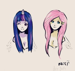 Size: 844x800 | Tagged: safe, artist:nareji, fluttershy, twilight sparkle, human, g4, horn, horned humanization, humanized, pony coloring, winged humanization