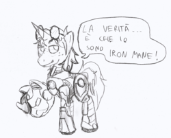 Size: 1280x1030 | Tagged: safe, artist:da52, oc, oc:midnight shine, armor, crossover, glasses, iron man, italian, monochrome, traditional art