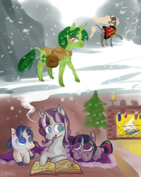 Size: 2000x2500 | Tagged: safe, artist:puffpink, clover the clever, shining armor, twilight sparkle, twilight velvet, g4, hearth's warming eve (episode), filly, hearth's warming eve, high res, reading