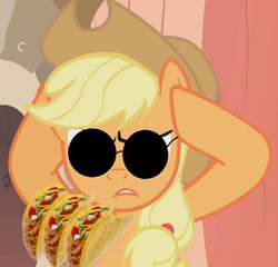 Size: 720x691 | Tagged: safe, edit, applejack, g4, dross rotzank, glasses, meme, sunglasses, taco