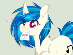 Size: 800x600 | Tagged: safe, artist:chibimlp-lover, dj pon-3, vinyl scratch, g4, blushing, chest fluff, chibi, cute, ear fluff, eye clipping through hair, female, heart, mouth hold, solo, vinylbetes, wub