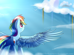 Size: 990x743 | Tagged: dead source, safe, artist:mercurycraft7, rainbow dash, pegasus, pony, g4, butt, cloud, cloudsdale, day, female, looking up, mare, multicolored hair, multicolored mane, multicolored tail, on a cloud, plot, rainbow, rainbow hair, rainbow tail, sky, smiling, solo, spread wings, standing, standing on a cloud, tail, wings