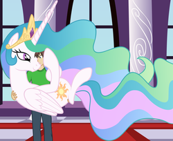 Size: 6518x5326 | Tagged: safe, artist:badumsquish, derpibooru exclusive, princess celestia, oc, oc:anon, oc:generic messy hair anime anon, human, pony, g4, absurd resolution, bedroom eyes, bridal carry, carrying, eye contact, female, holding a pony, male, missing accessory, smiling