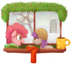 Size: 1360x1230 | Tagged: dead source, safe, artist:xiao668, maud pie, pinkie pie, g4, clothes, filly, foal, hat, jacket, mug, rock farm, scarf, snow, snowfall, younger