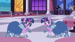 Size: 960x540 | Tagged: safe, edit, sci-twi, twilight sparkle, equestria girls, g4, my little pony equestria girls: rainbow rocks, my little pony: friendship is magic, the best night ever, canterlot ballroom, clothes, dress, gala dress, hilarious in hindsight, ponified, self ponidox, twolight