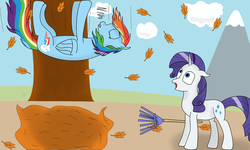 Size: 1280x768 | Tagged: safe, artist:tldashie, rainbow dash, rarity, g4, cloud, cloudy, leaves, rake, tree