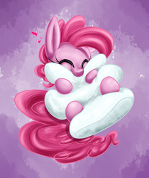 Size: 820x975 | Tagged: safe, artist:cupofjavabean, artist:leadhooves, pinkie pie, earth pony, pony, g4, cuddling, cute, diapinkes, female, heart, marshmallow, pillow, snuggling, solo