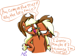 Size: 1304x980 | Tagged: safe, artist:mushroomcookiebear, applejack, g4, crying, dialogue, ear fluff, female, floppy ears, frown, happy, looking at each other, multiple heads, mutant, open mouth, sad, smiling, solo, two heads, wat