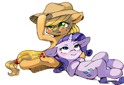 Size: 1181x814 | Tagged: safe, artist:aruurara, applejack, rarity, g4, blushing, female, lesbian, on back, ship:rarijack, shipping