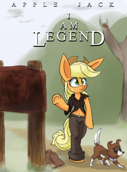Size: 1280x1737 | Tagged: safe, artist:heir-of-rick, applejack, winona, anthro, daily apple pony, g4, arm hooves, belly button, clothes, i am legend, impossibly large ears, midriff, movie poster, pants, parody, ripped shirt, shirt, torn clothes