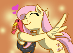 Size: 3247x2375 | Tagged: safe, artist:flutterluv, fluttershy, turkey, g4, eyes closed, heart, high res, hug, smiling, spread wings