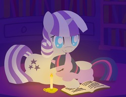 Size: 1280x989 | Tagged: safe, artist:flutterluv, twilight sparkle, twilight velvet, pony, unicorn, g4, book, candle, female, filly, filly twilight sparkle, mare, mother and daughter, no pupils, sleeping, younger