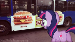 Size: 2592x1456 | Tagged: safe, twilight sparkle, pony, unicorn, g4, bacon, bus, butt, chile, food, guacamole, implied ponies eating meat, irl, meat, photo, plot, ponies in real life, shadow, street, this will end in weight gain, twilight burgkle, unicorn twilight, vector