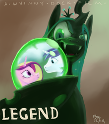Size: 970x1100 | Tagged: safe, artist:wafflecannon, princess cadance, queen chrysalis, shining armor, alicorn, changeling, changeling queen, pony, unicorn, g4, eye contact, fangs, female, laughing, legend, open mouth, raised eyebrow, smiling