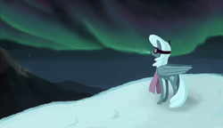 Size: 1612x931 | Tagged: safe, artist:enma-darei, oc, oc only, oc:cold snap, pegasus, pony, aurora borealis, clothes, goggles, scarf, solo