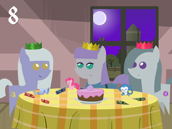 Size: 1024x768 | Tagged: safe, artist:bronybyexception, limestone pie, marble pie, maud pie, pinkie pie, earth pony, pony, g4, advent calendar, cake, christmas, crackers, flugelhorn, moon, night, paper crown, pie sisters, pointy ponies, rock farm, smiling, when she smiles