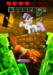 Size: 905x1280 | Tagged: safe, artist:watermelon-stamp, button mash, sweetie belle, don't mine at night, g4, colt, creeper, crossover, duo focus, female, filly, foal, male, minecraft, mouth hold, protecting, sword, weapon