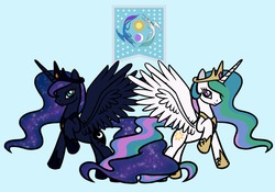 Size: 1280x895 | Tagged: safe, artist:flutterluv, artist:parclytaxel, princess celestia, princess luna, alicorn, pony, g4, banner, flag, flag of equestria, looking at you, raised hoof, spread wings, wings