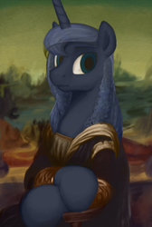 Size: 687x1024 | Tagged: dead source, safe, artist:selenophile, princess luna, pony, g4, clothes, female, fine art parody, mona lisa, moonlight inquiries, portrait, solo