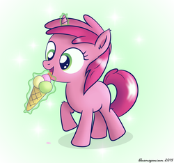 Size: 1578x1475 | Tagged: safe, artist:bluemeganium, ruby pinch, pony, unicorn, g4, cute, dripping, gradient background, ice cream, ice cream cone, licking, magic, solo, telekinesis