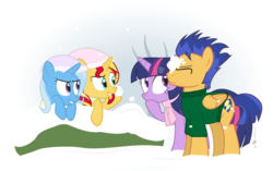 Size: 1050x660 | Tagged: safe, artist:dm29, flash sentry, sunset shimmer, trixie, twilight sparkle, alicorn, pegasus, pony, unicorn, g4, female, male, prank, ship:flashlight, shipping, simple background, snow, snowball, snowfall, straight, transparent background, twilight sparkle (alicorn), winter