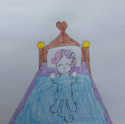 Size: 1920x1907 | Tagged: safe, artist:epicalaxy master, sweetie belle, g4, bed, drawing, eyes closed, female, on back, sleeping, smiling, solo, traditional art