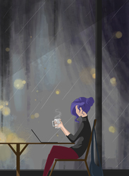 Size: 4400x6000 | Tagged: safe, artist:tao-mell, rarity, human, g4, absurd resolution, computer, emo, female, humanized, laptop computer, rain, solo