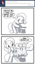Size: 600x1097 | Tagged: safe, artist:fauxsquared, trixie, earth pony, pony, trixie is magic, g4, black and white, bullwinkle, bunny out of the hat, earth pony trixie, grayscale, hat, magic, magic trick, magician, monochrome, race swap, rocky and bullwinkle, top hat, tumblr, tumblr blog