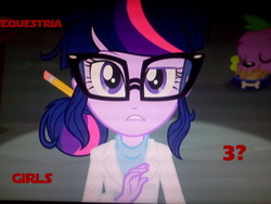Size: 640x480 | Tagged: safe, sci-twi, spike, spike the regular dog, twilight sparkle, dog, equestria girls, g4, my little pony equestria girls: rainbow rocks, clothes, female, foreshadowing, glasses, lab coat, male, pencil, pet bowl