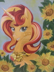 Size: 774x1032 | Tagged: dead source, safe, artist:misschang, sunset shimmer, pony, unicorn, g4, deviantart watermark, elements of harmony, female, necklace, obtrusive watermark, oil painting, solo, sunflower, traditional art, watermark