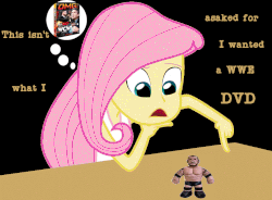 Size: 891x657 | Tagged: safe, fluttershy, equestria girls, g4, female, gif, non-animated gif, plushie, text, thought bubble, wcw, wrong present, wwe, wwe dvd