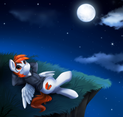 Size: 2901x2758 | Tagged: safe, artist:pridark, oc, oc only, pegasus, pony, cliff, clothes, cloud, crossed legs, female, full moon, high res, jacket, lying, mare, moon, on back, solo, spread wings, starry night, wings