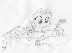 Size: 1080x800 | Tagged: safe, artist:foxxy-arts, trixie, twilight sparkle, pony, unicorn, g4, book, feather, female, mare, monochrome, peanut butter, plushie, traditional art