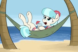 Size: 1563x1047 | Tagged: safe, artist:whatsapokemon, coco pommel, g4, beach, cocobetes, cup, cute, female, hammock, legs in air, on back, open mouth, smiling, solo, underhoof