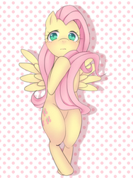 Size: 600x800 | Tagged: safe, artist:kona1025, fluttershy, g4, blushing, female, on back, pixiv, solo