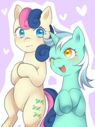 Size: 600x800 | Tagged: safe, artist:kona1025, bon bon, lyra heartstrings, sweetie drops, earth pony, pony, unicorn, g4, female, lesbian, pixiv, ship:lyrabon, shipping