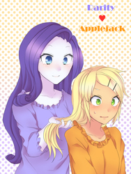 Size: 600x800 | Tagged: safe, artist:kona1025, applejack, rarity, equestria girls, g4, clothes, duo, female, lesbian, nightgown, pajamas, pixiv, ship:rarijack, shipping, slumber party