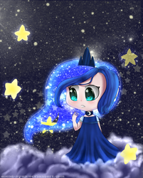 Size: 1500x1867 | Tagged: safe, artist:gnidagovnida, princess luna, human, g4, chibi, cloud, ethereal hair, female, humanized, night, on a cloud, solo, standing on a cloud, stars