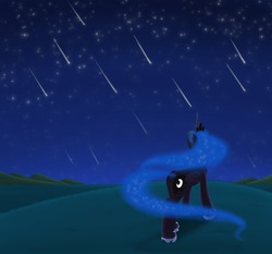 Size: 1280x1192 | Tagged: safe, artist:flutterluv, princess luna, g4, female, looking up, meteor shower, night, rear view, solo