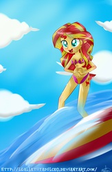 Size: 3000x4598 | Tagged: safe, artist:vixelzf, sunset shimmer, equestria girls, g4, belly button, bikini, clothes, female, solo, surfboard, surfing, swimsuit