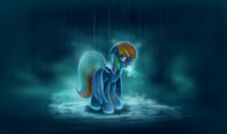 Size: 3000x1779 | Tagged: dead source, safe, artist:shamanguli, rainbow dash, g4, female, rain, sad, solo