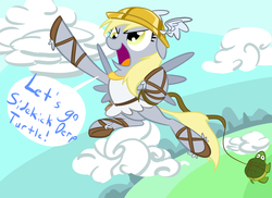 Size: 2338x1700 | Tagged: safe, artist:tess, derpy hooves, pegasus, pony, turtle, g4, artifact, clothes, cloud, female, helmet, hermes, mare, solo