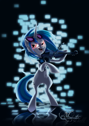 Size: 1024x1448 | Tagged: safe, artist:hecatehell, dj pon-3, vinyl scratch, pony, unicorn, g4, abstract background, bipedal, female, headphones, musical instrument, red eyes, solo, violin