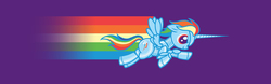 Size: 1876x582 | Tagged: safe, artist:purplemerkle, rainbow dash, alicorn, pony, robot, robot pony, armor, crossover, female, floppy ears, flying, race swap, rainbowcorn, robot unicorn attack, roboticization, smiling, smirk, solo, spread wings
