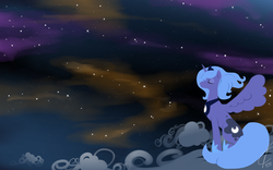 Size: 3200x2000 | Tagged: safe, artist:valcron, princess luna, alicorn, pony, g4, cloud, cutie mark, eyes closed, female, high res, hooves, horn, jewelry, mare, night, on a cloud, regalia, s1 luna, sitting, solo, spread wings, tiara, wings