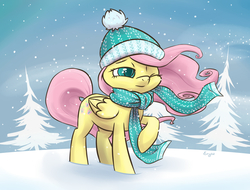 Size: 1200x910 | Tagged: safe, artist:erysz, fluttershy, g4, clothes, female, hat, raised hoof, scarf, snow, snowfall, solo, windswept mane, winter
