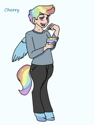 Size: 720x960 | Tagged: safe, artist:cherry, artist:gorillaz-24, oc, oc only, oc:icarus, satyr, bowl, clothes, offspring, parent:rainbow dash, solo, spoon